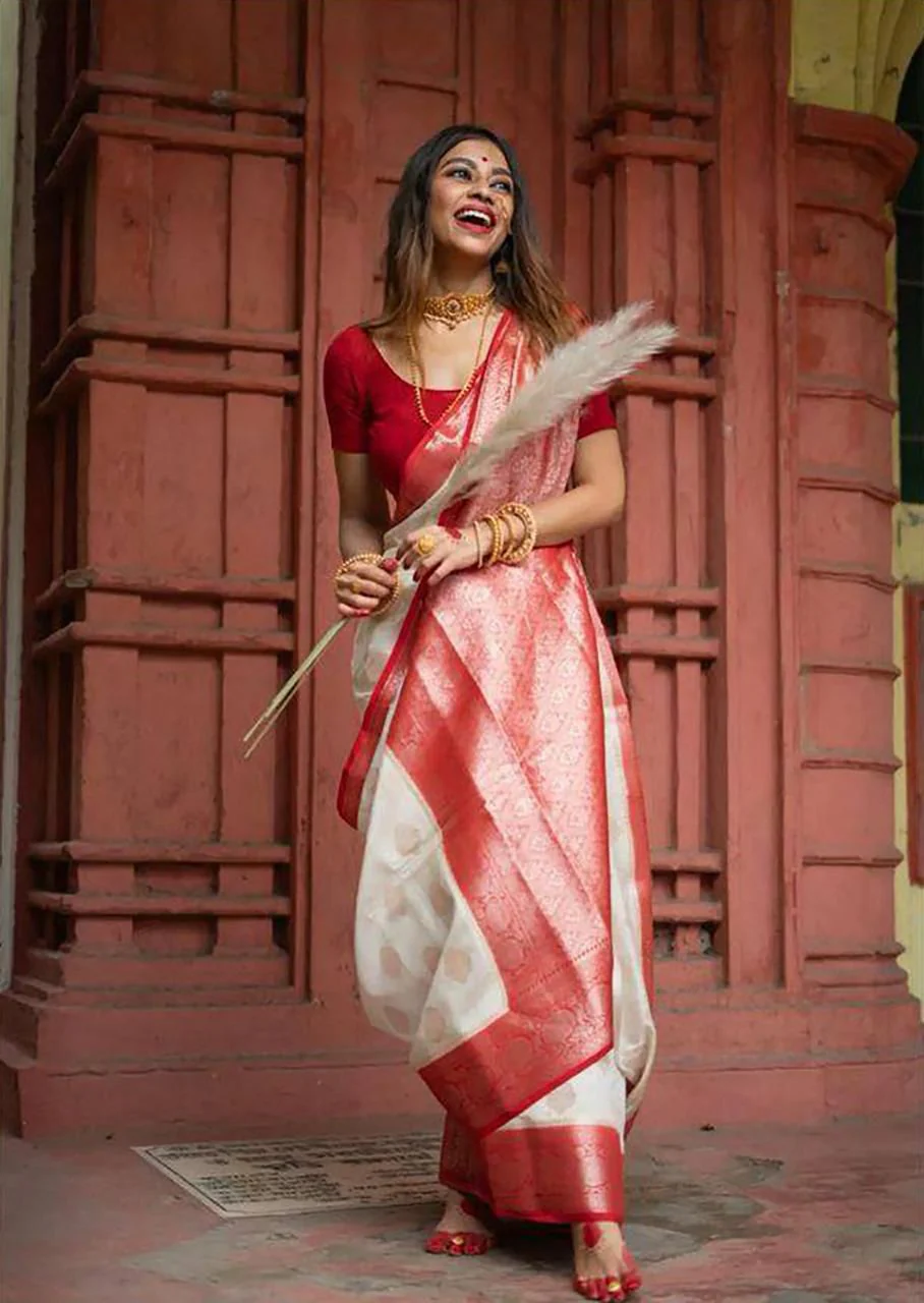 Banarasi Silk Saree With Zari Work & Contrast Border-White & Red - Image 5