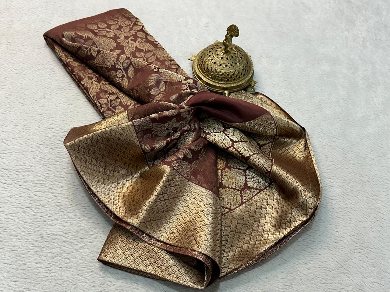 Brown Coffee Color Pure Mysore Silk Saree with Full Golden Zari Weaving - Image 2