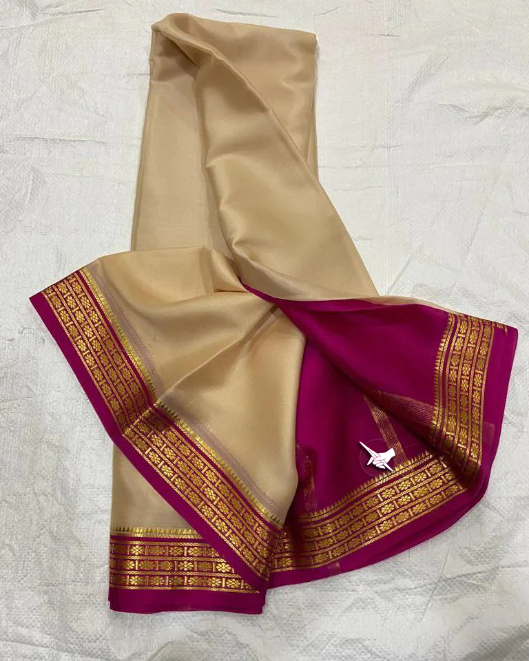 Chiku & Pink Colour Pure Mysore Silk Saree With Golden Zari Border