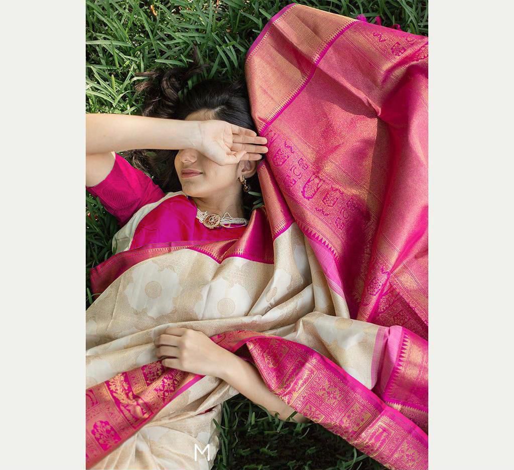 American Silver Color Silk Saree With Rich Pallu & All Over Jacquard Work in Saree - Image 4