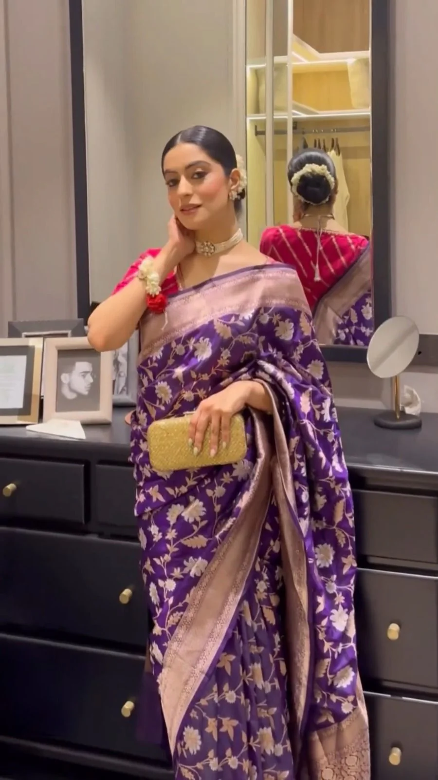 Purple Taupe Banarasi Silk Saree With Rich Pallu & Jhalar - Image 3