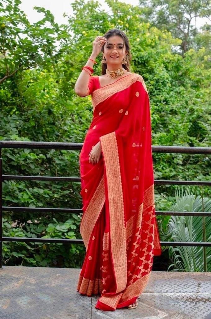 Cadmium Red Silk Saree With Beautiful Jacquard Border - Image 3