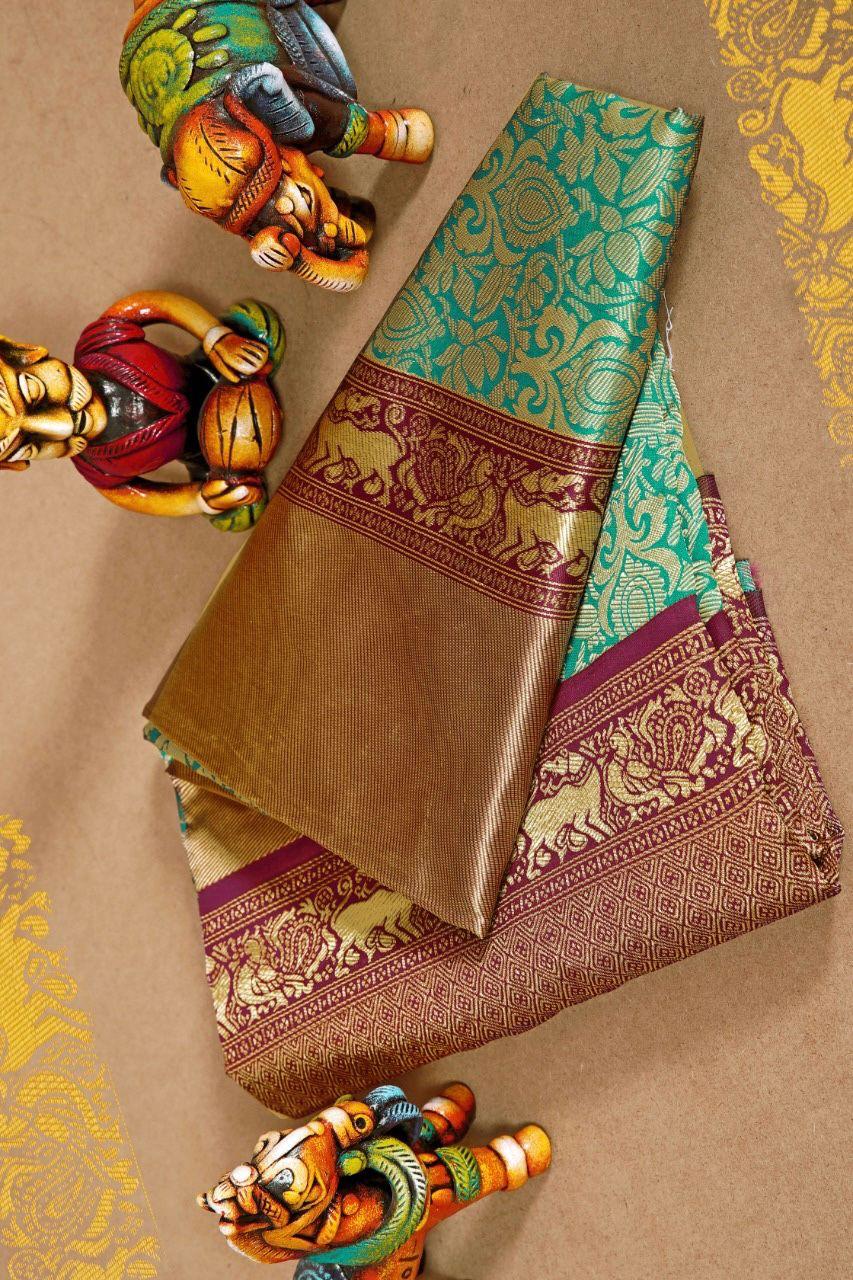 Floral aqua Kanjivaram saree with Contrast Zari & Jacqaurd Border - Image 3