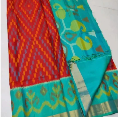 Ikkat Printed Pink & Blue Handloom Silk Saree