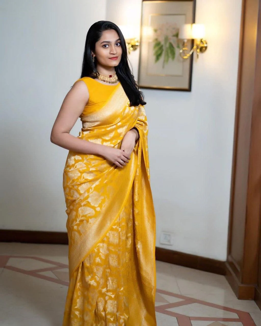 Yellow and Gold-Toned Floral Zari Kanjivaram Saree - Image 5