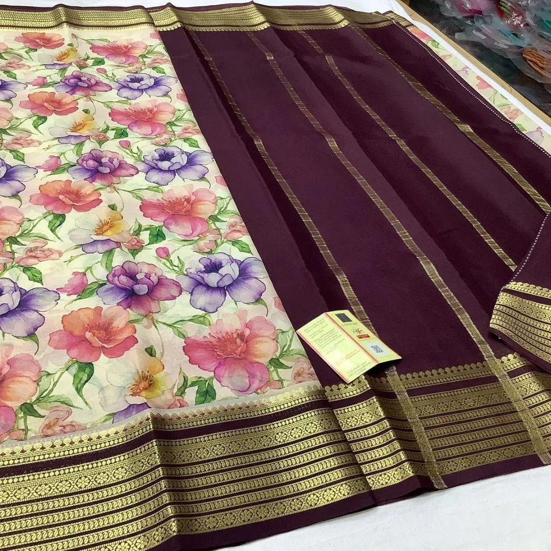Mysore Floral Printed Soft Silk Saree for Traditional Wear