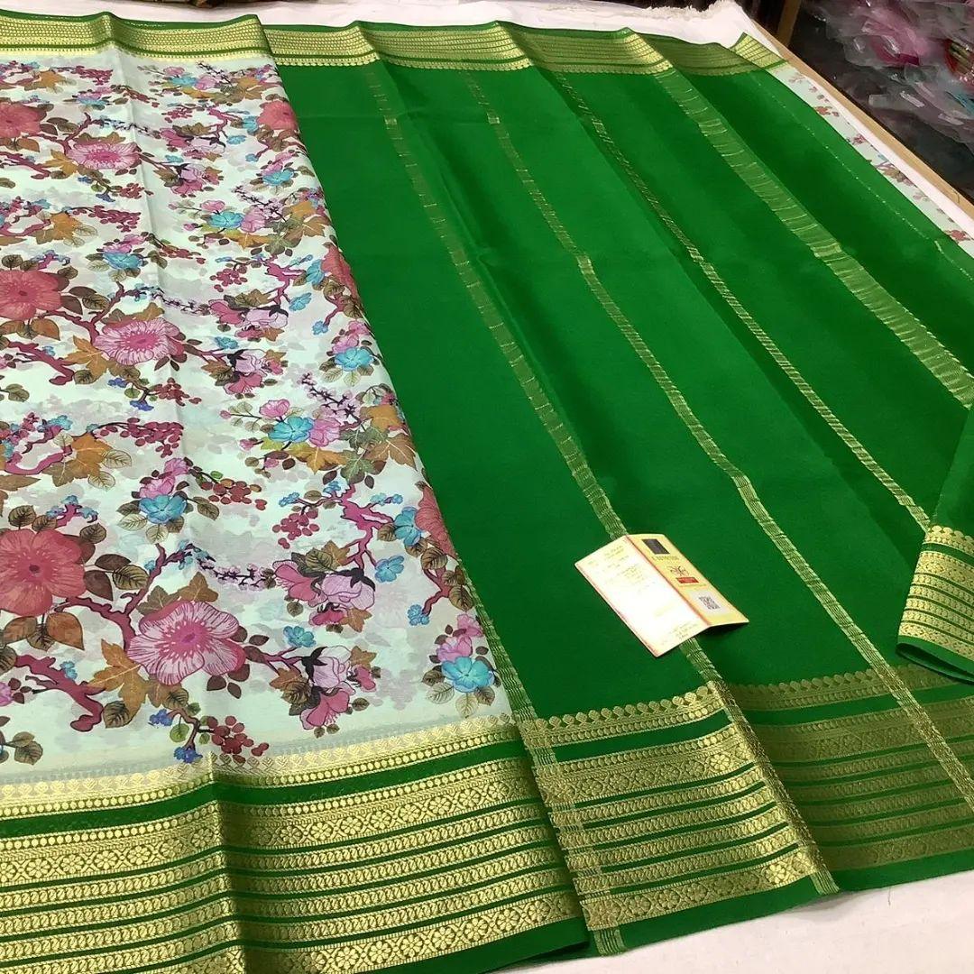 Mysore Flower Printed Soft Silk Saree For Festive Wear