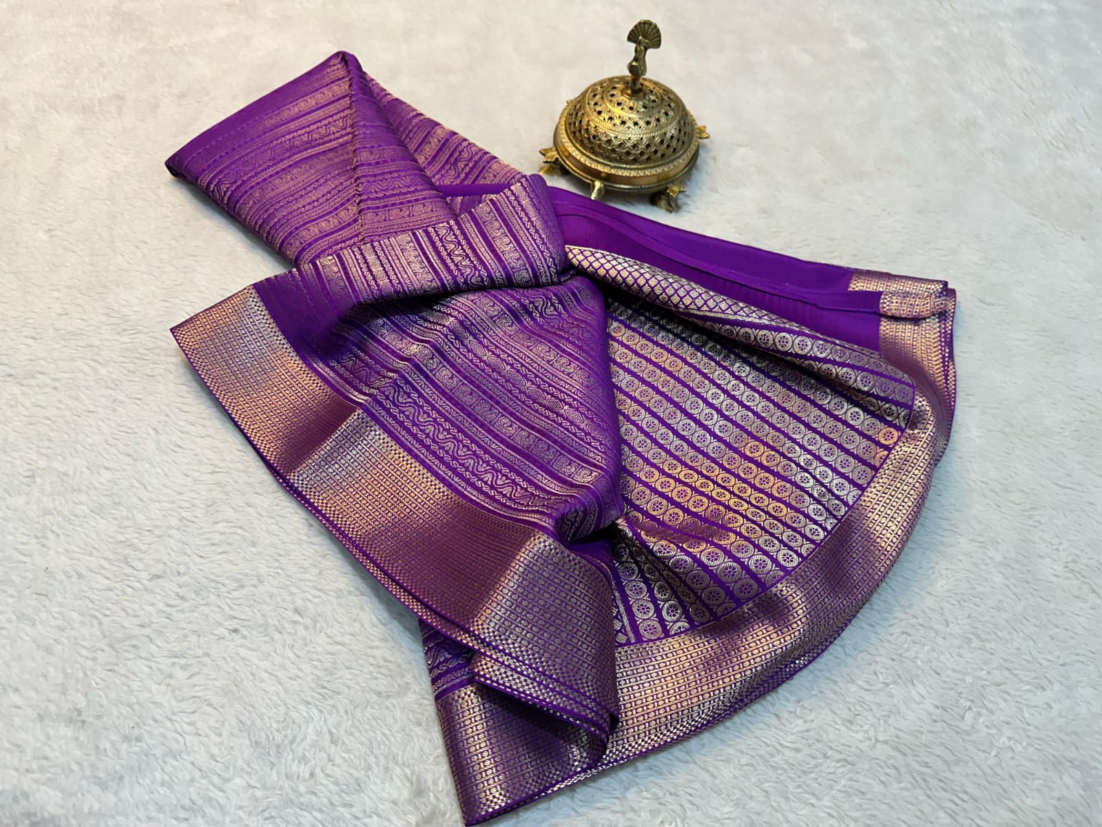 Purple Color Pure Mysore Silk Saree With Full Golden Zari Work - Image 2