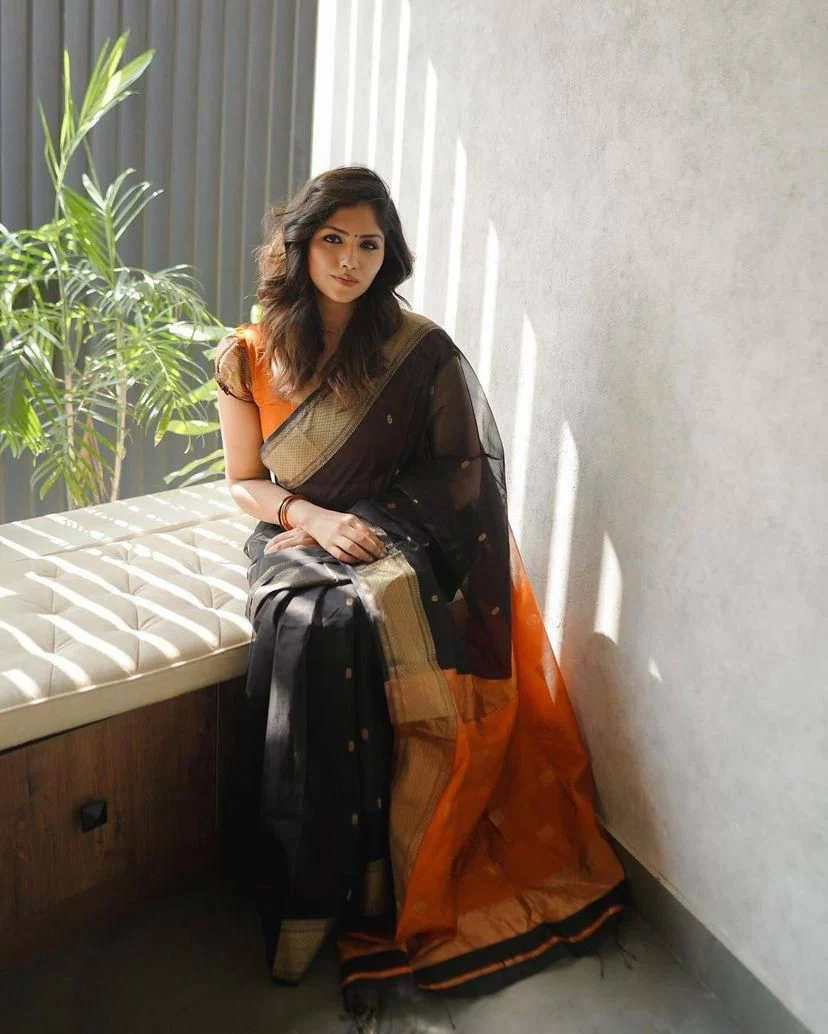 Red & Black Linen Saree With Zari Weaving Work - Image 6
