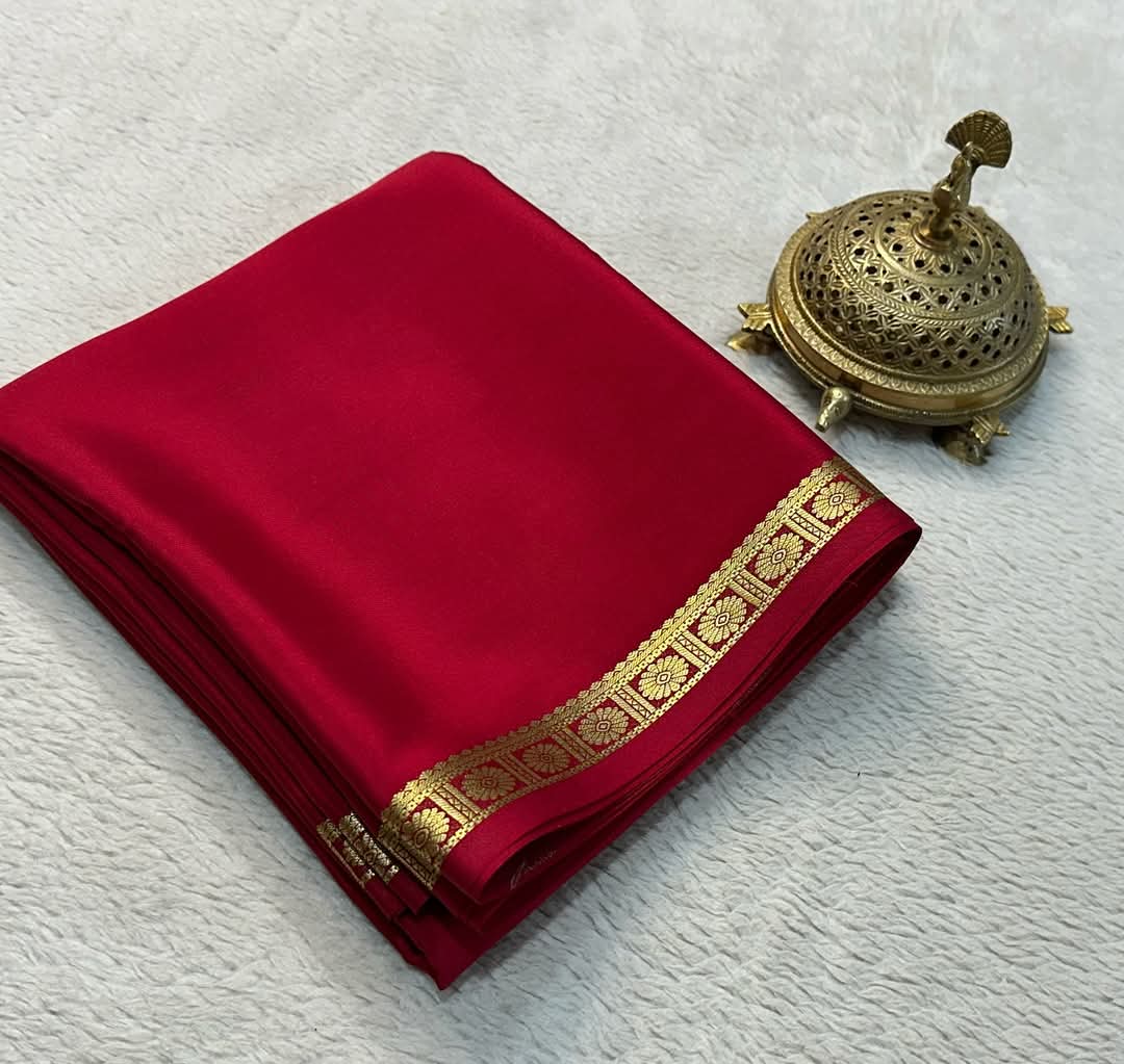Traditional Beautiful Zari Border Plain Mysore Silk Saree - Image 3