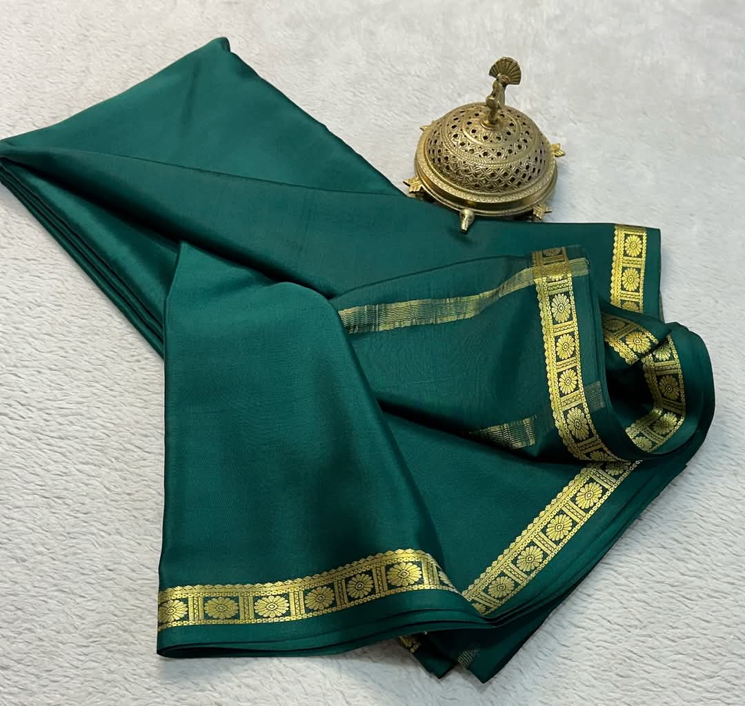Traditional Beautiful Zari Border Plain Mysore Silk Saree - Image 5