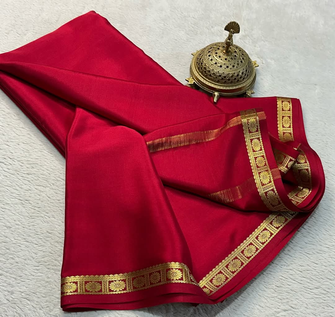 Traditional Beautiful Zari Border Plain Mysore Silk Saree - Image 6