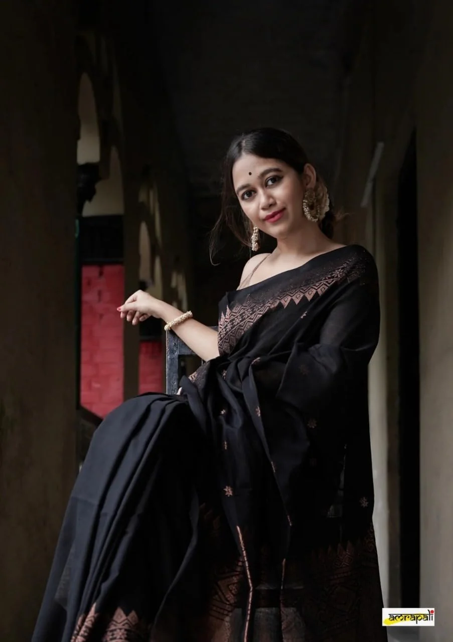 Vampire Black Silk Saree With Beautiful Zari Border & Rich Jacqaurd Pallu - Image 2