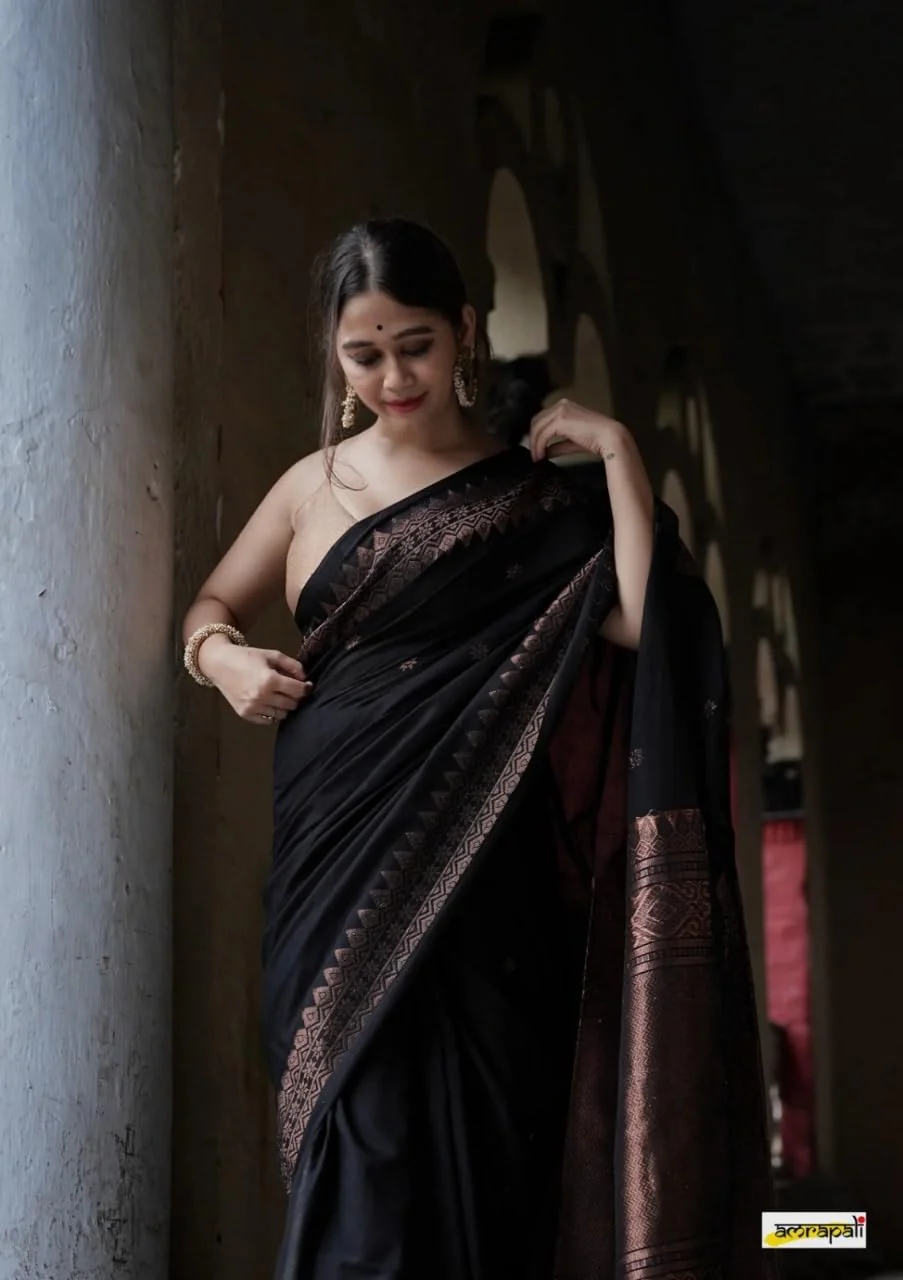 Vampire Black Silk Saree With Beautiful Zari Border & Rich Jacqaurd Pallu - Image 4